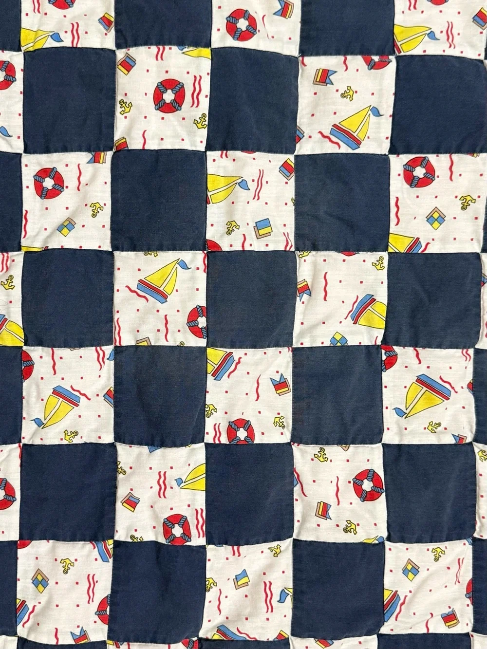 Vintage Handmade Baby Quilt Nautical Boat Theme Patchwork 36x27” Blue Red